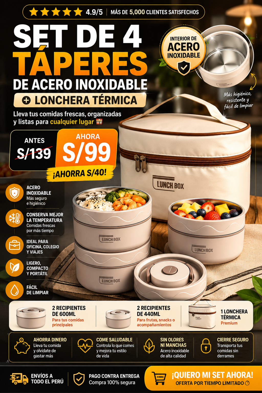 ✨Set LONCHERA TÉRMICA + 4 RECIPIENTES ✨