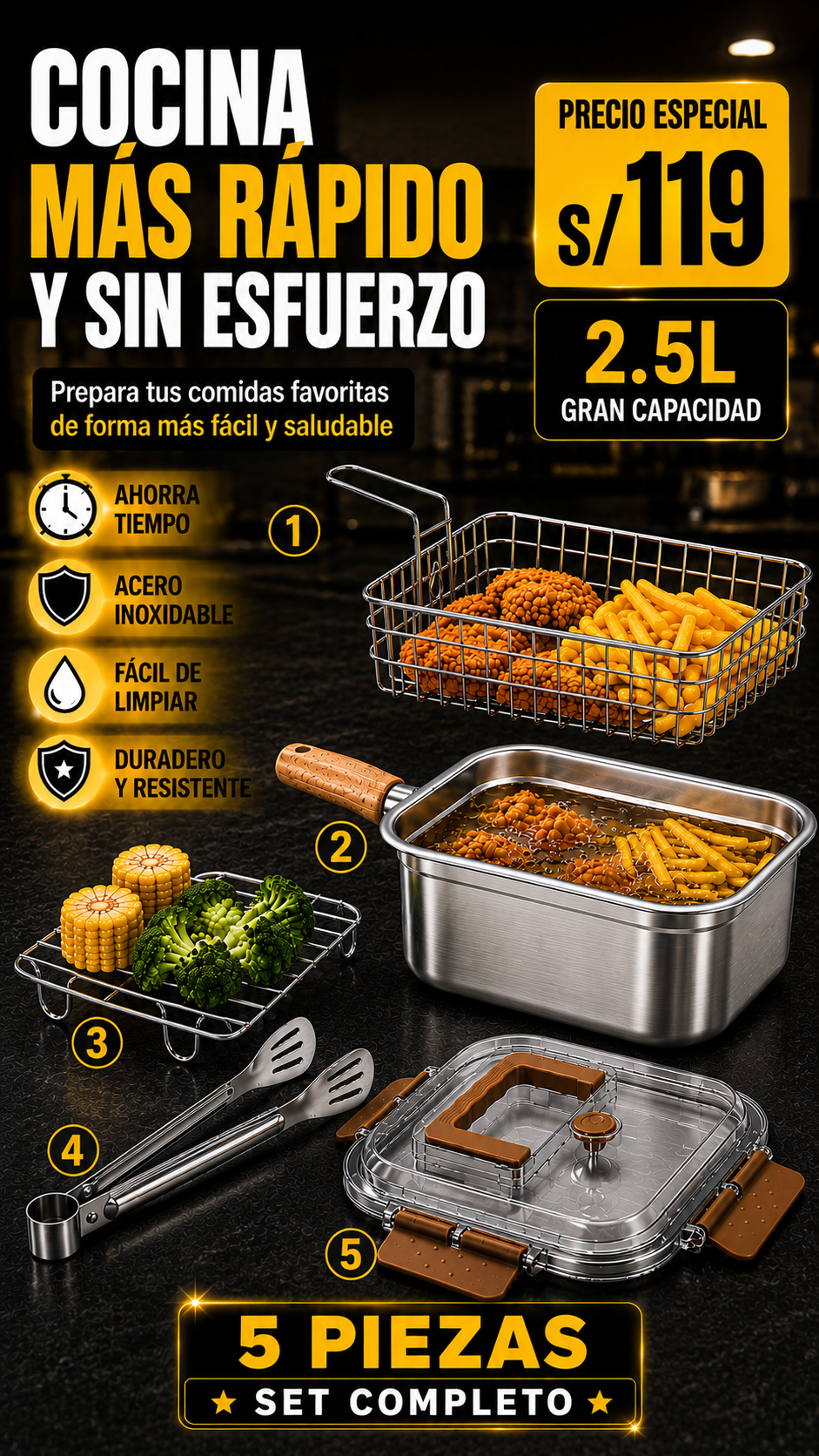 ✨ Olla Freidora Cuadrada MasterFry™ de 2.5L