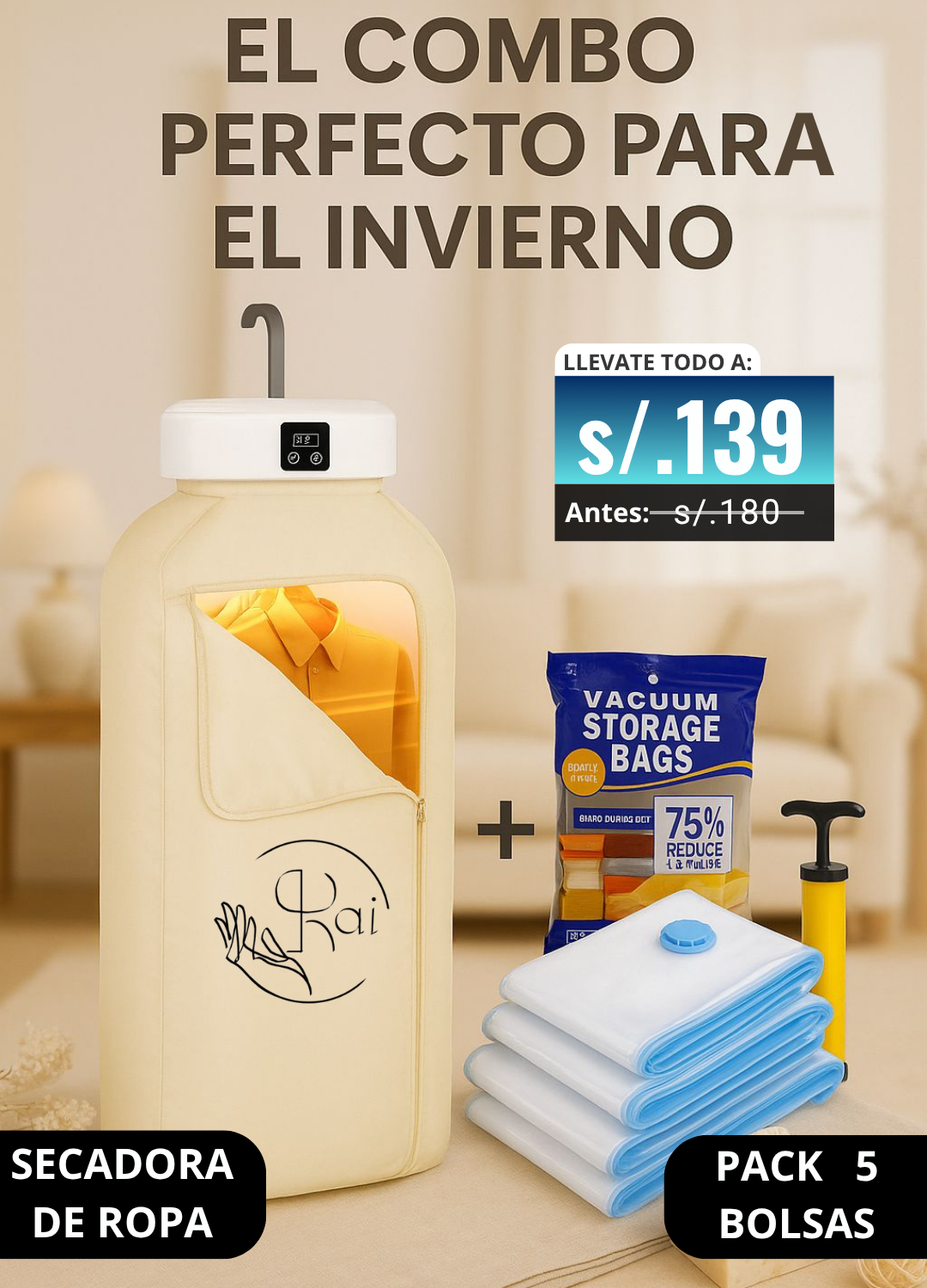 HANGING DRYERS® Secadora Portátil + 5 Bolsas al Vacío con bomba succionadora