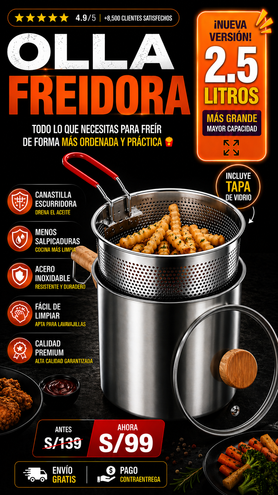 ✨OLLA FREIDORA 2.5L + TAPA DE VIDRIO ✨