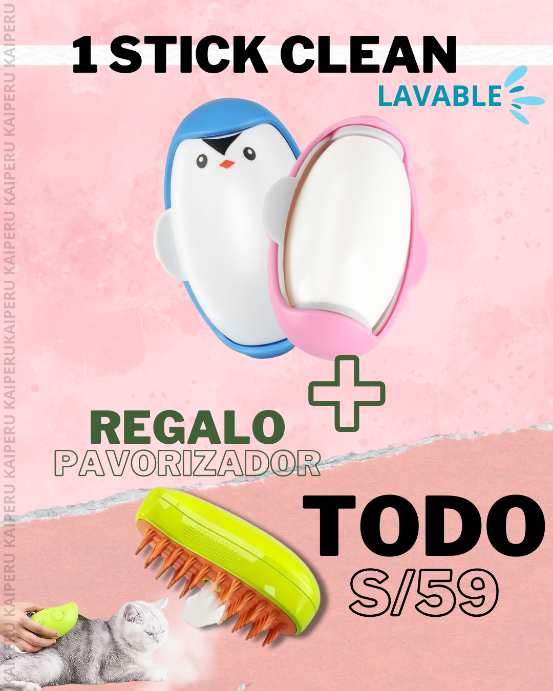 COMBO PINGÜINO® SACA PELUSA ADHESIVO LAVABLE 💦 + VAPORIZADOR USB